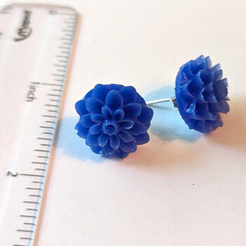 Royal Blue Chrysanthemum Flower Stud Earrings - Image 2