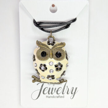 Antique Bronze White Cream Owl Rhinestones Necklace - Image 3