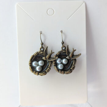 Antique Bronze Sparrow Bird Nest Eggs Earrings - Image 3