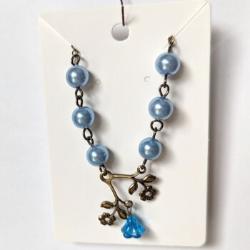 Antique Bronze Flowers Light Blue Beads Necklace - Image 3