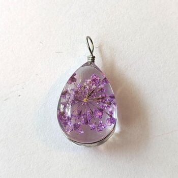 Teardrop Real Dried Purple Flowers Resin Pendant Silver