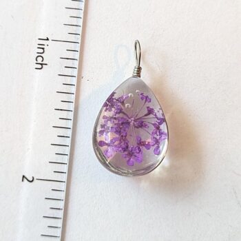 Teardrop Real Dried Purple Flowers Resin Pendant Silver - Image 2