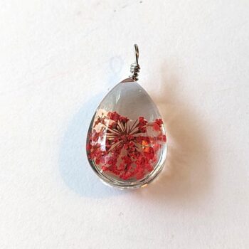 Teardrop Real Dried Red Flowers Resin Pendant Silver