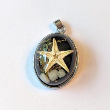 Oval Ocean Scene Real Starfish Black Resin Pendant Silver