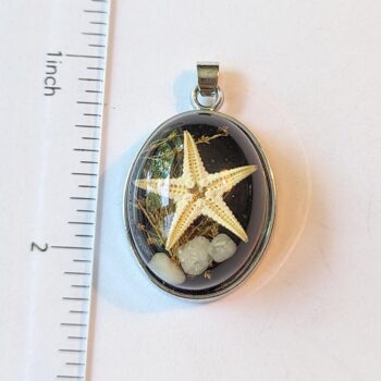 Oval Ocean Scene Real Starfish Black Resin Pendant Silver - Image 2