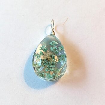 Teardrop Real Dried Mint Green Flowers Resin Pendant Silver