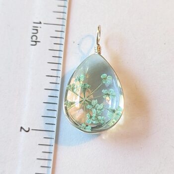 Teardrop Real Dried Mint Green Flowers Resin Pendant Silver - Image 2