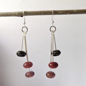 Silver Dangle Burgundy and Black Glass Beads Earrings