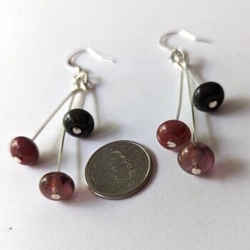 Silver Dangle Burgundy and Black Glass Beads Earrings - Image 2