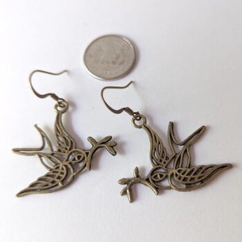 Antique Bronze Sparrow Birds Branch Vintage Style Earrings - Image 2