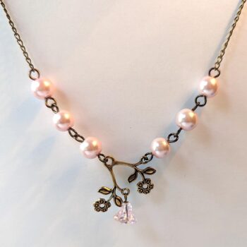 Antique Bronze Flowers Pink Beads Vintage Style Necklace