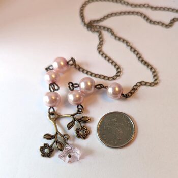 Antique Bronze Flowers Pink Beads Vintage Style Necklace - Image 2