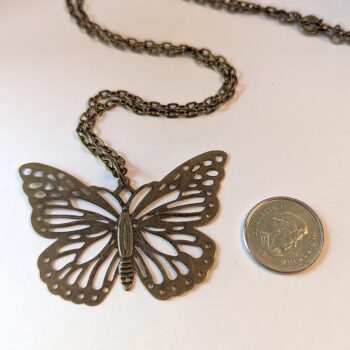 Antique Bronze Large Lightweight Filigree Butterfly Necklace - Image 2