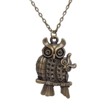 Antique Bronze Owl with Baby Vintage Style Necklace