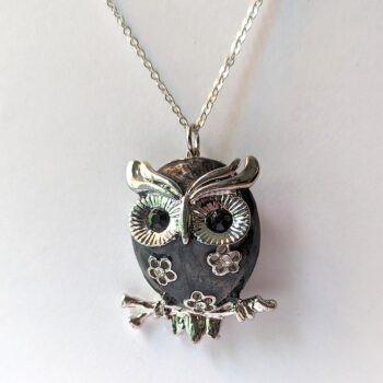 Antique Silver Owl Black Rhinestones Vintage Style Necklace