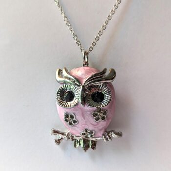 Antique Silver Owl Pink Rhinestones Vintage Style Necklace