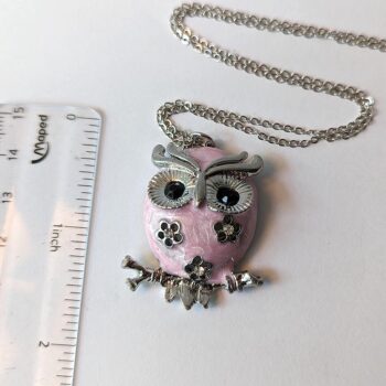 Antique Silver Owl Pink Rhinestones Vintage Style Necklace - Image 2