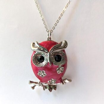 Antique Silver Owl Red Rhinestones Vintage Style Necklace