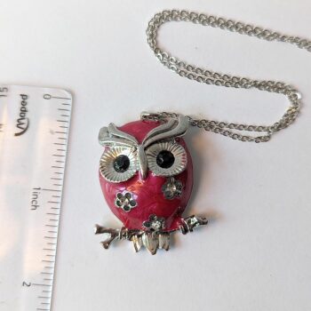 Antique Silver Owl Red Rhinestones Vintage Style Necklace - Image 2