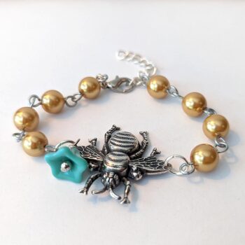 Antique Silver Bee With Flower Gold Glass Beads Bracelet - Image 3