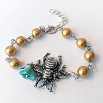 Antique Silver Bee With Flower Gold Glass Beads Bracelet