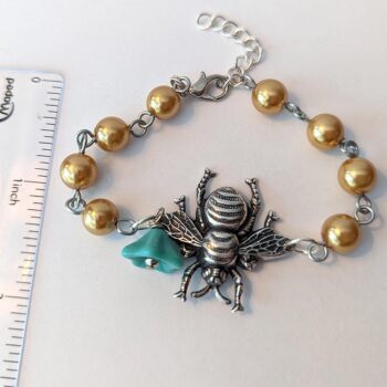 Antique Silver Bee With Flower Gold Glass Beads Bracelet - Image 2