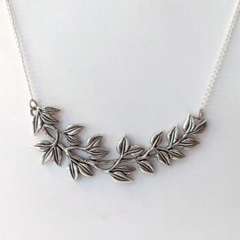 Antique Silver Large Branch with Leaves Vintage Style Necklace