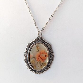 Antique Silver Cameo with Orange Flowers Roses Vintage Style Necklace