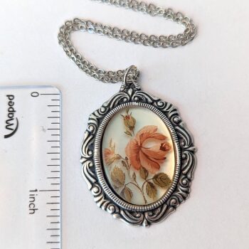 Antique Silver Cameo with Orange Flowers Roses Vintage Style Necklace - Image 2