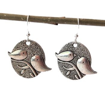 Antique Silver Partridge Love Birds Vintage Style Earrings