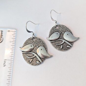 Antique Silver Partridge Love Birds Vintage Style Earrings - Image 2