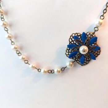 Antique Bronze Blue Flower White Glass Beads Floral Necklace - Image 4