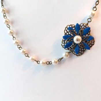 Antique Bronze Blue Flower White Glass Beads Floral Necklace