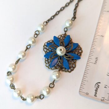 Antique Bronze Blue Flower White Glass Beads Floral Necklace - Image 2