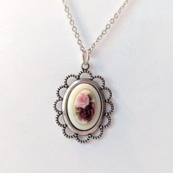 Antique Silver Cameo Pink and Red Roses Vintage Style Necklace