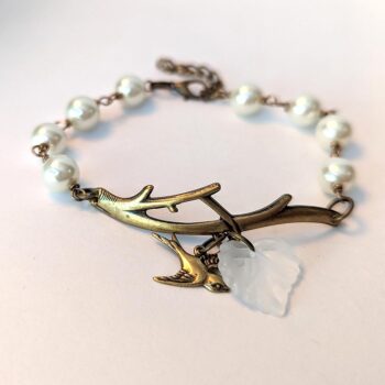 Antique Bronze Branch Flower Bird White Leaf Bracelet