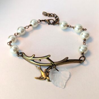 Antique Bronze Branch Flower Bird White Leaf Bracelet - Image 3