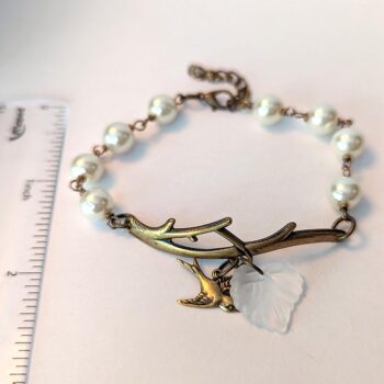 Antique Bronze Branch Flower Bird White Leaf Bracelet - Image 2