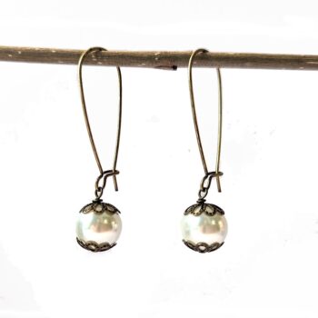 Antique Bronze White Glass Pearls Vintage Style Earrings