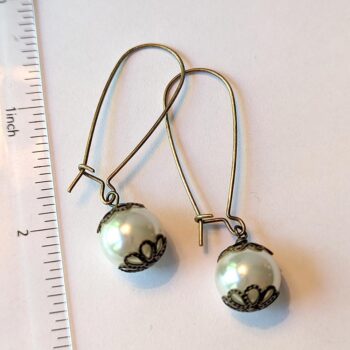 Antique Bronze White Glass Pearls Vintage Style Earrings - Image 2