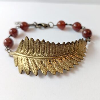 Antique Bronze Large Leaf Red Agate Beads Brac