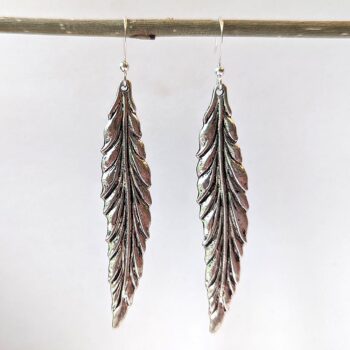 Antique Silver Long Slender Leaf Vintage Style Earrings