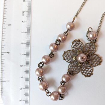 Antique Bronze Flower Brown Glass Beads Floral Necklace - Image 2