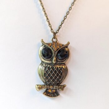 Antique Bronze Owl Black Rhinestones Vintage Style Necklace