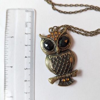 Antique Bronze Owl Black Rhinestones Vintage Style Necklace - Image 2