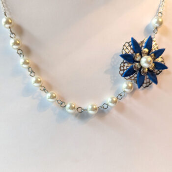 Silver Blue Flower White Glass Beads Floral Necklace