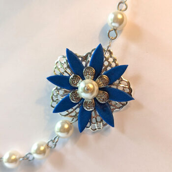 Silver Blue Flower White Glass Beads Floral Necklace - Image 3