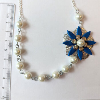 Silver Blue Flower White Glass Beads Floral Necklace - Image 4