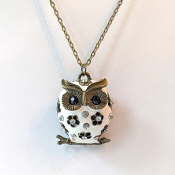 Antique Bronze White Owl Rhinestones Vintage Style Necklace