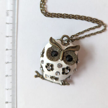 Antique Bronze White Owl Rhinestones Vintage Style Necklace - Image 2